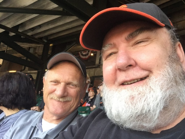 Laren with his bestie Dwayne at a SF Giants game. Laren and his friend sitting in the seats at Oracle Park to watch the SF Giants.