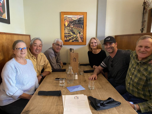 Lunch with his sister Sherryl, brother-in-law Larry, brother-in-law Frank, sister Karen, & son Pete. Laren and his family at a table before lunch.