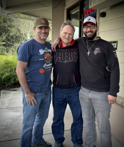 A photo with his son Pete and Pete's good friend Gabriel after having lunch. 3 dudes in front of Fandee's in Sebastopol, CA.